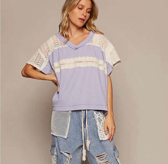 POL Tops - POL V-Neck Crochet Lace Inset Waffle Knit Top in Lavender